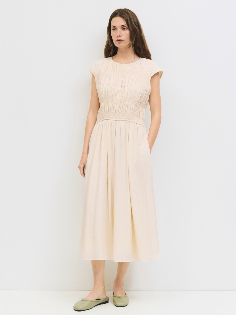 All : Row The Brenda Dress Cap-Sleeve Cream Midi Dress with Smocked Waist Sz S